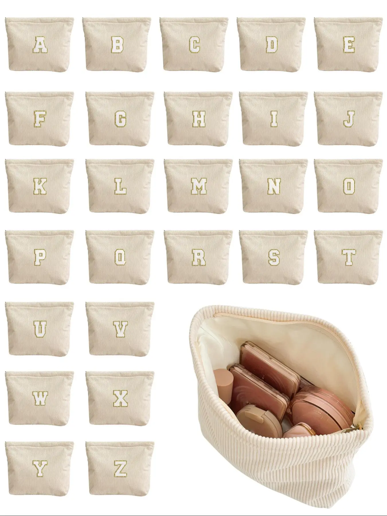 Personalized Corduroy Stripe Storage Bag with Gold Trim, Zipper Pouches, Stylish Zip Storage Pouch for All Seasons, Perfect for Back to School