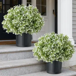 Set of 1 Artificial Boxwood Topiary Ball Trees for Front Door - Realistic Faux Aglaia Odorata Bush with Pot, Fake Eucalyptus Leaves Potted Plants for Porch Farmhouse Outdoor Decor (White-Green)