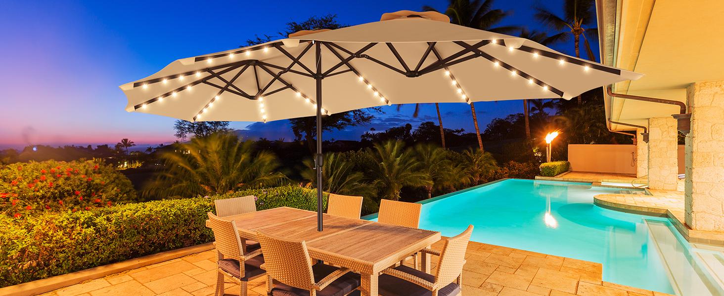 【Oversized】13ft-15ft Solar light Double Sided Umbrellas Solar Lights Outdoor Extra Large Market Table Umbrella with Base Included, Oversized Umbrella for Deck, Pool, Backyard Offset Parasol Offset Patio Parasol Sunshade Canopy