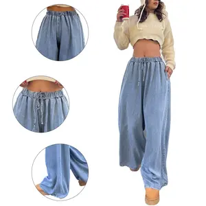 Light Wash Drawstring Waist Wide Leg Jeans for Women - Baggy Denim Pants with Casual Chic Vibe