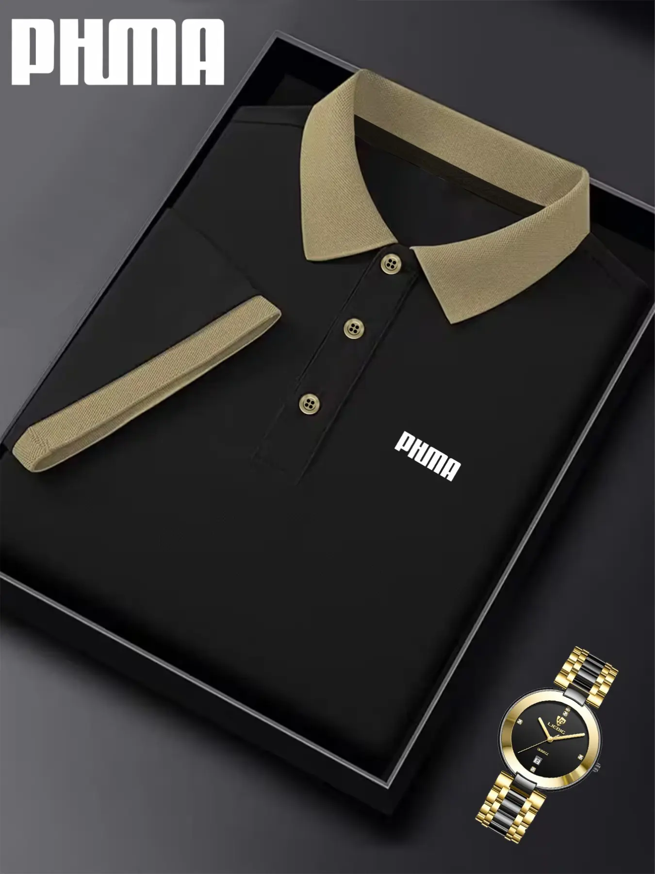 Ff4901 Classic Phma Logo Print Polo Shirt, Fitted Casual Style, Animal Print, Breathable and Elastic, Men's Four-Season Wear