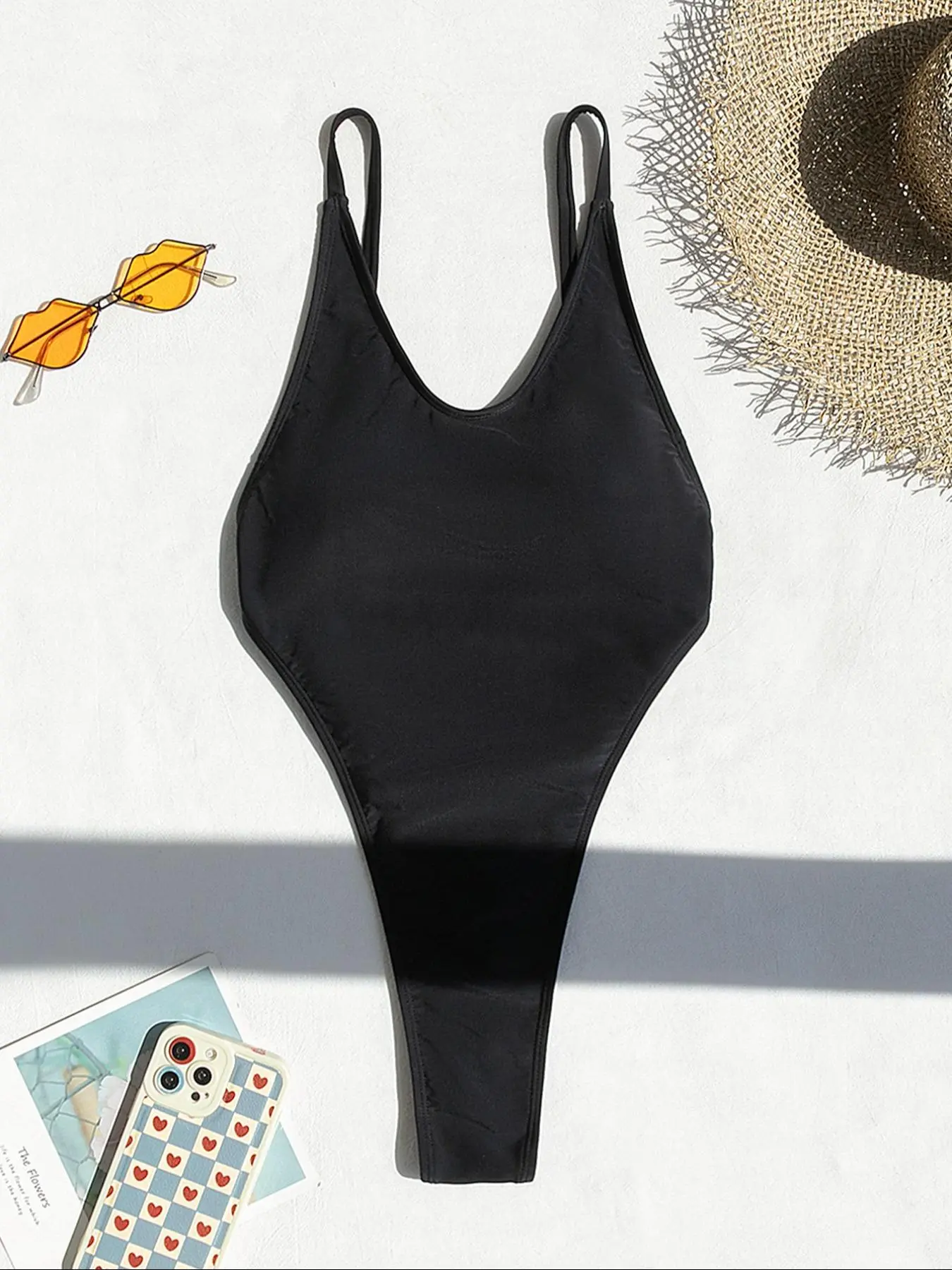 Women's Solid Backless Padded One-piece Swimsuit, Casual Adjustable Strap V Neck Swimwear for Summer, Ladies Sleeveless Swimsuit for Beach Holiday Vacation, Adjustable Straps Swimsuit, Swimsuit Style, Spaghetti Strap Swimsuit