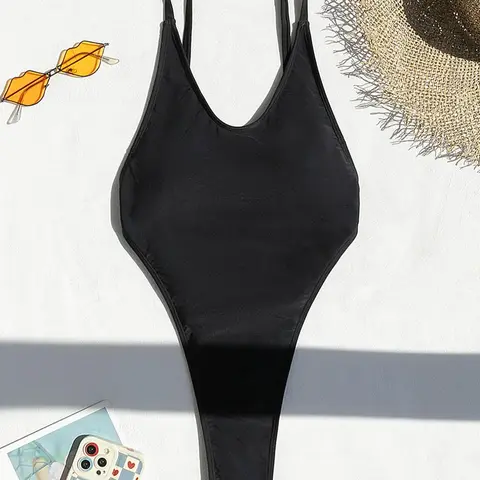 Women's Solid Backless Padded One-piece Swimsuit, Casual Adjustable Strap V Neck Swimwear for Summer, Ladies Sleeveless Swimsuit for Beach Holiday Vacation, Adjustable Straps Swimsuit, Swimsuit Style, Bathing Suits