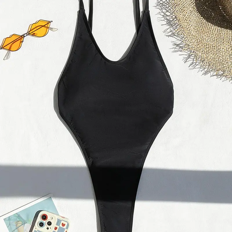 Women's Solid Backless Padded One-piece Swimsuit, Casual Adjustable Strap V Neck Swimwear for Summer, Ladies Sleeveless Swimsuit for Beach Holiday Vacation, Adjustable Straps Swimsuit, Swimsuit Style, Bathing Suits