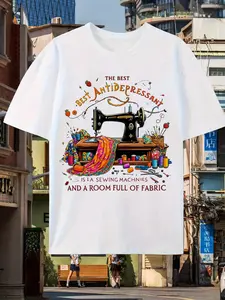 Men'S Vintage Sewing Machine Graphic T-Shirt - Retro 1950s Inspired Design with "Best Antidepressant is a Sewing Machine" Slogan, Glossy Finish, All-Season Comfort Fit Round Neck Casual & Party Wear, Durable Fabric for Outdoor Activities - Funny Nov