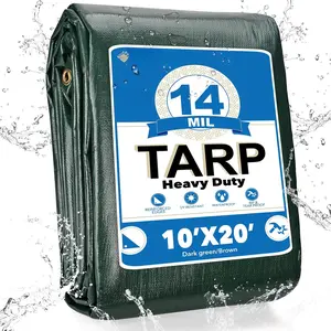 Tarp  10' X 20', 14 Mil Heavy Duty Tarps  Multipurpose Protective Cover Large Tarp UV All Weather Resistant for Shelter Camping, Green/Brown
