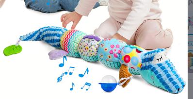 Dearlomum Newborn Baby Girl Gift Toys Infant Tummy Time Musical Stuffed Crocodile with Crinkle Rattle Textures Blue Interactive Duck Shaped Play