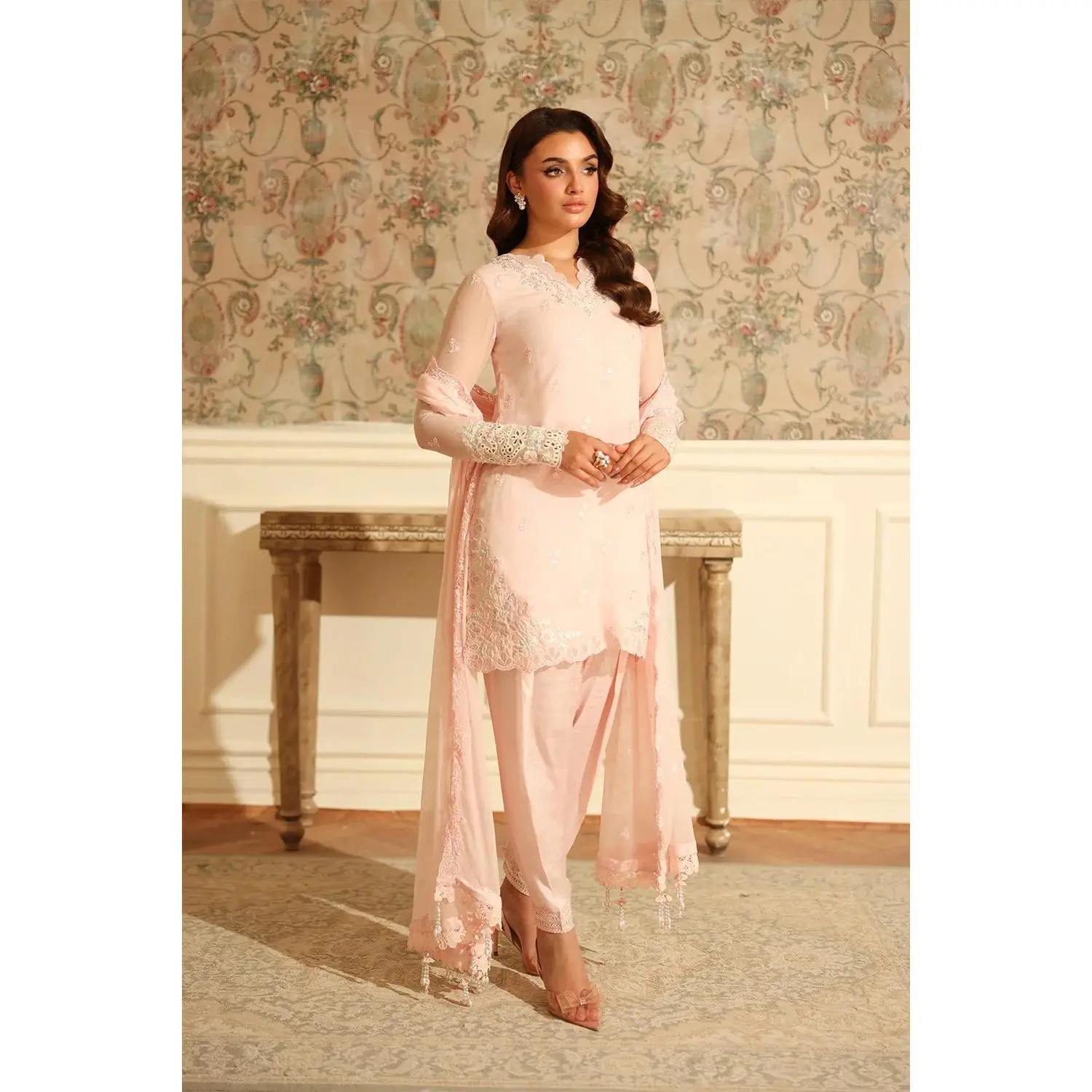 Azure - Silken Rose Three Piece Embroidered Chiffon