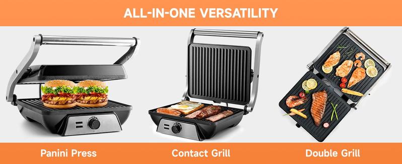 SUSTEAS Electric Indoor Grill & Panini Press – Non-Stick Griddle Steaks Maker with Floating Hinge, Grease Tray & 180° Cooking