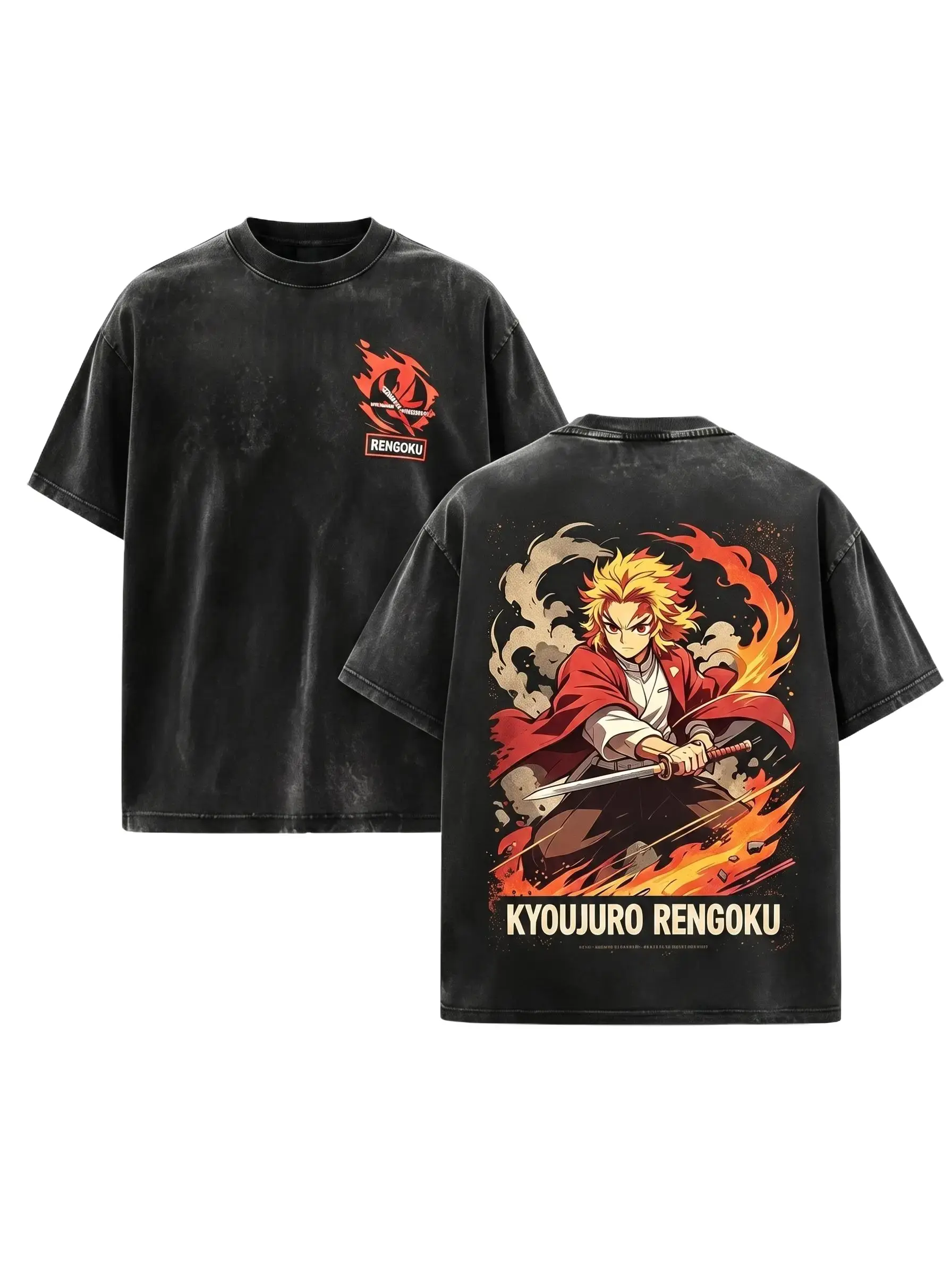 Men's Demon Slayer Vintage Washed 100% Cotton Oversized Loose-Fit Graphic Tee - Front Rengoku Flame Sword Badge, Back Kyojuro Rengoku Graphic, Unisex Sizes, Anime Streetwear Fan Merch for Casual Wear