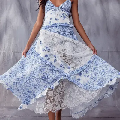 Women's Floral Maxi Dress, Spaghetti Strap V Neck Backless Lace Ruffle Tiered Long Dresses for Summ