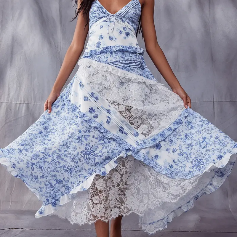 Women's  Floral Maxi Dress, Spaghetti Strap V Neck Backless Lace Ruffle Tiered Long Dresses for Summer Beach Wedding Cocktail Party Cute Fashion