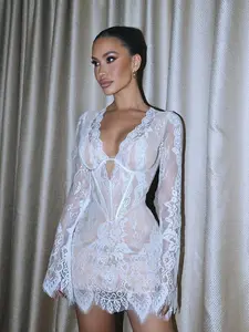 2026 hot-selling new sexy see-through white lace low V-neck dress features an elegant, fitted long-sleeved mini skirt that accentuates the waistline. It's perfect for formal occasions, banquets, and parties in autumn and winter.