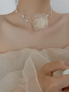 Elegant Women's Beaded Necklace, Dainty Necklace, Three-Layer Mesh Flower Pearl Design, Perfect Jewelry Gift for Her, Stylish Accessory for Any Occasion