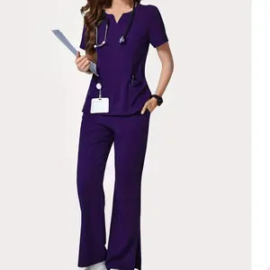 Women's Stretch Jogger Scrubs Set Solid V-Neck Nursing Uniform Quick Dry Breathable