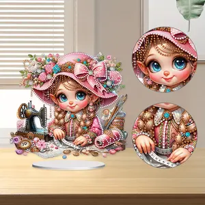 2D Flat Print Sewing Machine Girl DIY Double-Sided Printed Single-Side Drill Diamond Painting Tabletop Ornaments Kit Table Top Diamond Painting Ornament Kits for Home Office Desktop Decor