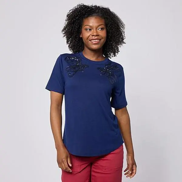 DG2 by Diane Gilman Everyday Jersey Embellished Crew Neck Tee