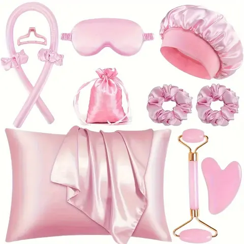 Sleep Hairstyling Tool Set, Curling Iron Set, Facial Massager, Hairband, Soft Sleep Mask, And Satin Sleep Cap For Hairstyling  Satin , Women'S Facial Roller, Hair Styling Tool, Heatless Styling Tool, Shiny Bouncy Curls, Mother'S Day Gift