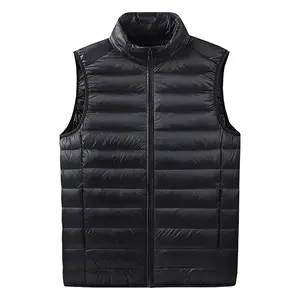 Men's Black Zip-Up White Duck Down Vest - Lightweight, Stand Collar with Pockets