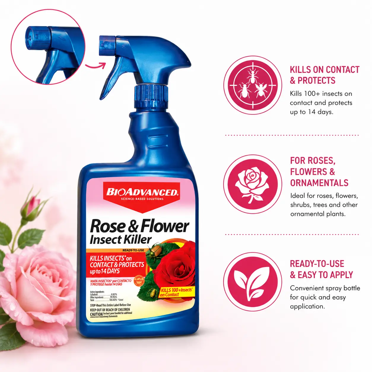 BioAdvanced Rose and Flower Insect Killer, Ready-to-Use 24 oz Plant Bug Spray for Roses, Flowers, Shrubs, Outdoor Boxelder Bugs Control, Clover Mites