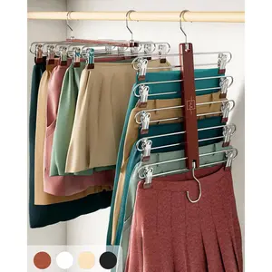 Space Saving Skirt Hangers with Clips - 2 Pack European Beechwood 5-Tier Hanger for Shorts, Skirts and Pants, Closet Organizer Storage Solution with 360° Swivel Hook