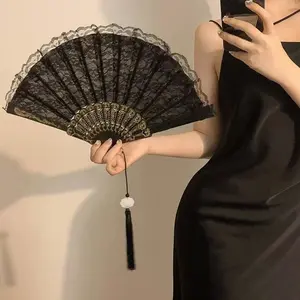 Ancient Style Folding Fan Hanfu Cheongsam Lace Portable Fringe Foldable Summer Fan, Elegant Handheld Accessory for Traditional
