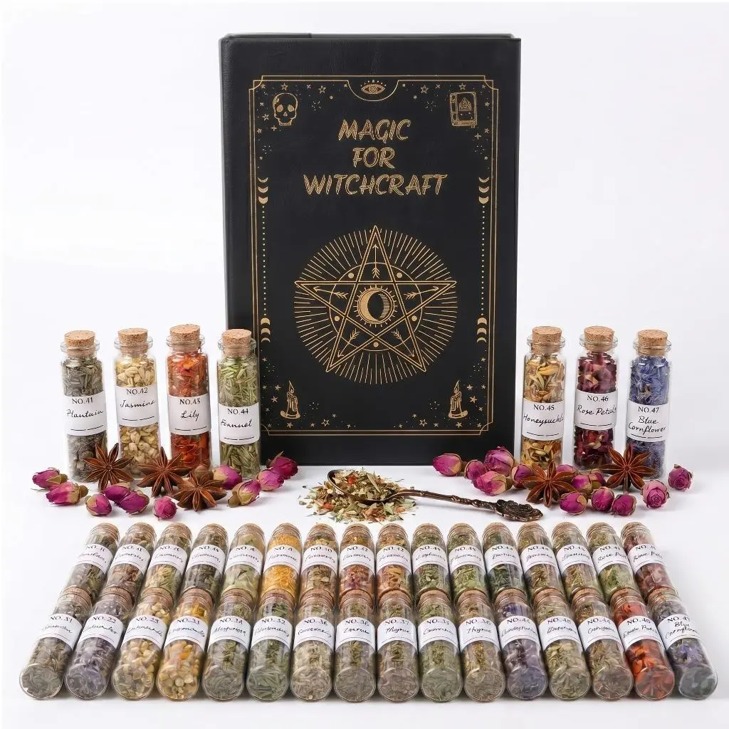 45 Glass Bottles Pagan Magic Kit - Beginner-Friendly Wicca Supplies with Aromatherapy Oils, Alternative Spoon, Crystal for Ritual Enhancement, Fortune Telling Novelty Toy