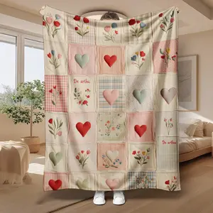 Fuzzy Flannel Flower Blanket - Colorful Heart & Floral Patchwork, Digital Printing, Soft Warm Thick All-Season Throw, Ideal for Sofa Bed, Festive Holiday Gift, Flower Blankets, Colorful Patchwork Blankets