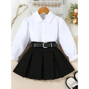 School season children's clothing girls fashion suit autumn new girls lapel long-sleeved shirt + pleated skirt + belt three-piece set, Perfect for Outdoor