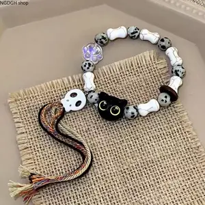 Women's Cute Kitty Charm Woven Friendship Bracelet - Multicolor Pastel Thread, Pink Crystal Beads, Bohemian Style - Ideal for Gifting, Casual Outings (Bracelet for Cottagecore Aesthetic), Friendship Bracelets