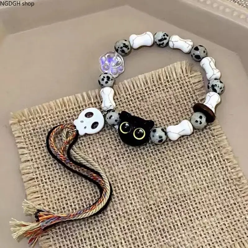 Women's Cute Kitty Charm Woven Friendship Bracelet - Multicolor Pastel Thread, Pink Crystal Beads, Bohemian Style - Ideal for Gifting, Casual Outings (Bracelet for Cottagecore Aesthetic), Friendship Bracelets