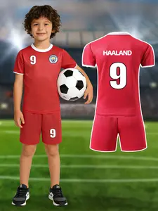 All-season children's soccer jersey and pants set, with the name HAALAND and the number 9. Suitable for sports, leisure, outdoor activities, and sporty styling. Made of breathable material, it is the first choice for outdoor activities.