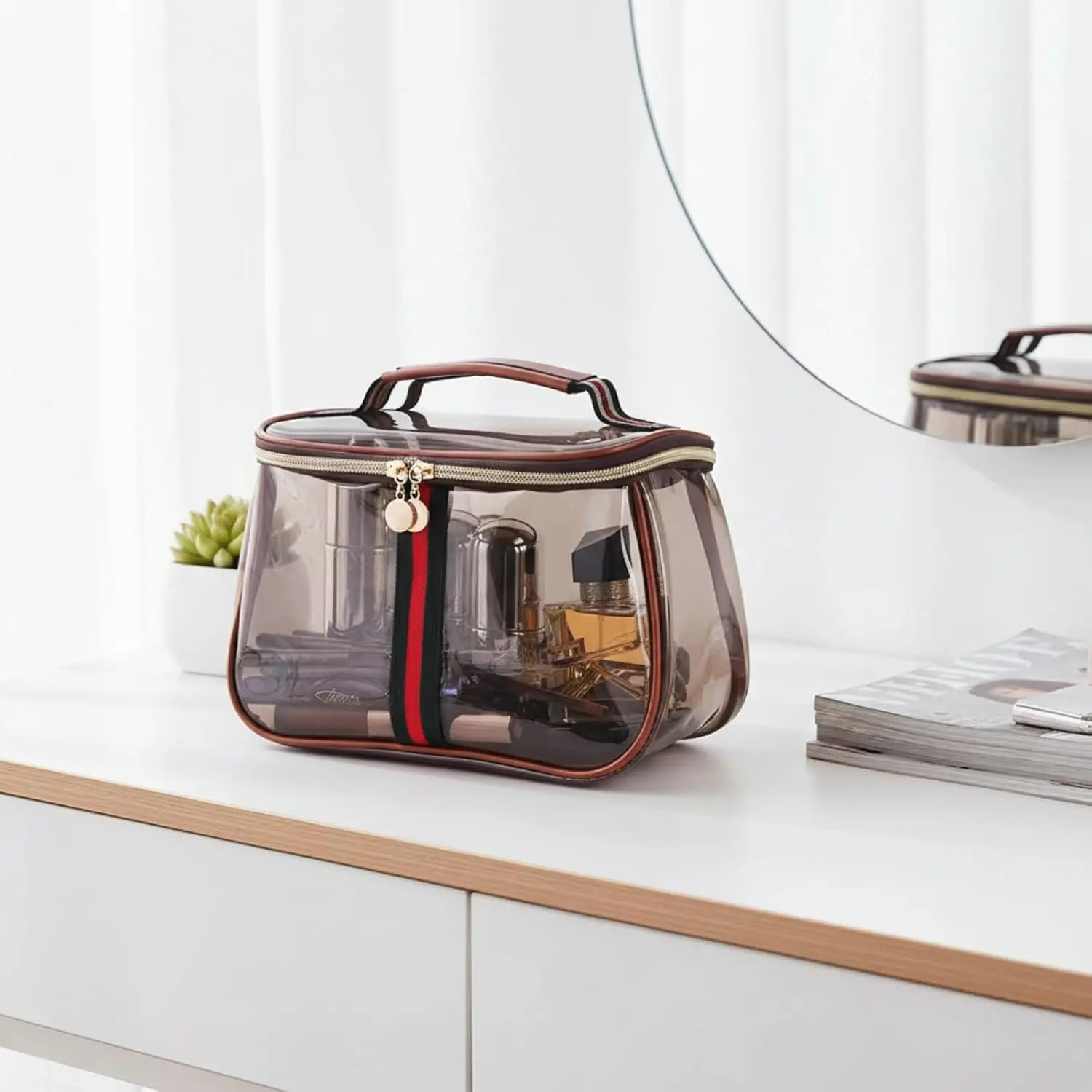 New Retro Vintage Vanity Bag, Clear Makeup Organizer with Handle,Large Capacity Waterproof Makeup Organizer bag with Zipper,Travel Cosmetic & Skincare Storage Case for Ladies