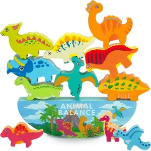 Wooden Dinosaur Stacking Balance Toy, 12pcs/set Colorful Dinosaur Stacking Game, Hand Eye Coordination Training Toy, Perfect Birthday Gift, Family Fun Game