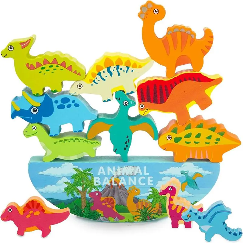 Wooden Dinosaur Stacking Balance Toy, 12pcs/set Colorful Dinosaur Stacking Game, Hand Eye Coordination Training Toy, Perfect Birthday Gift, Family Fun Game, Wooden Blocks Tower Game, Tower Stack Game