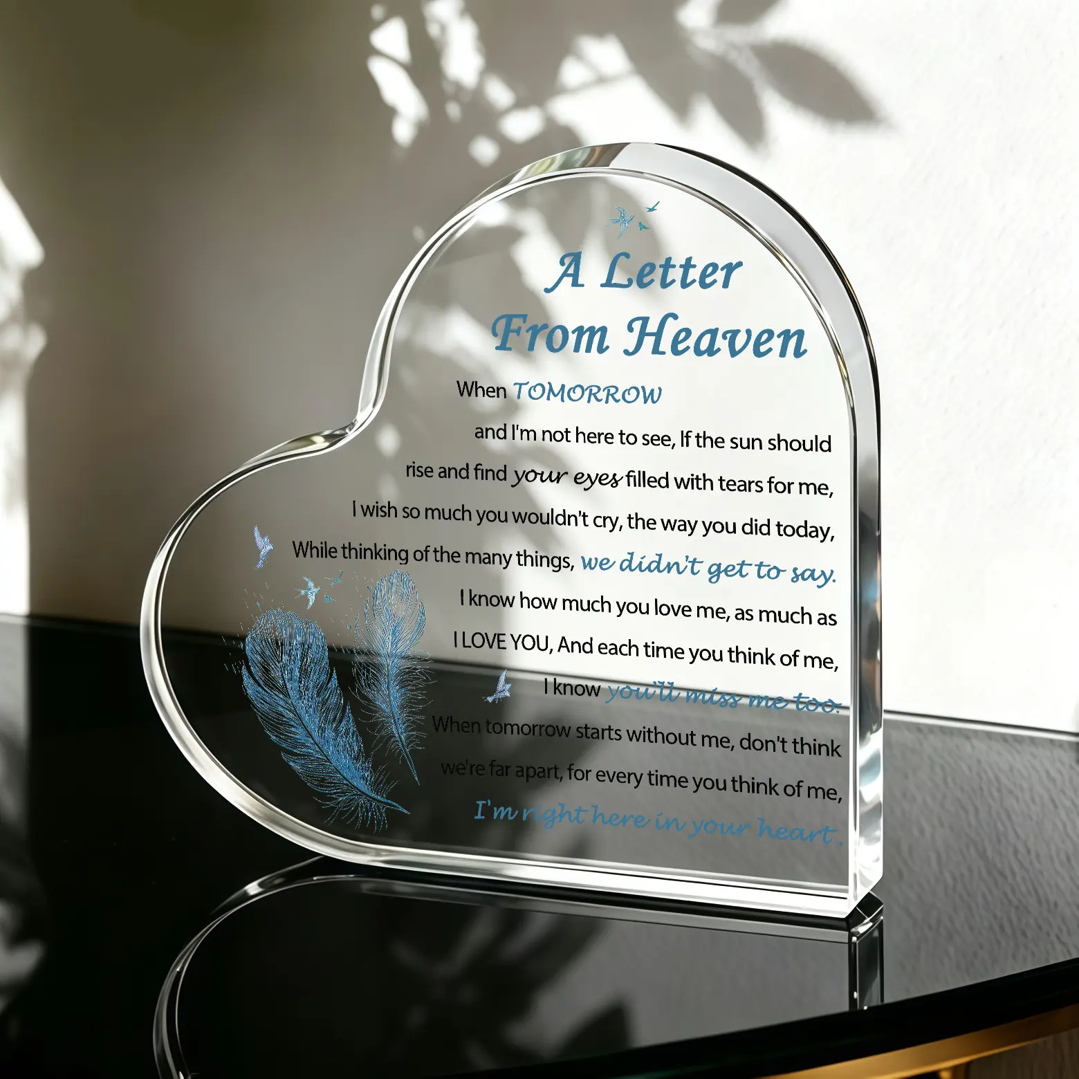 Heart Shaped Acrylic Plaque Sympathy Memorial Gift, Feather Engraved Heaven Letter Keepsake Present for Bereavement Funeral Remembrance Day Christmas