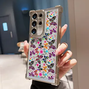 Butterfly Siliver Electroplate Shockproof Bumper Case with Lens Protector for Samsung  20+ 21 22 23 24 + FE S25 S25+ Ultra Smartphone Cellphone Cover Protective