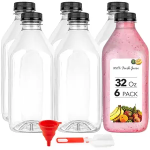 Juice Bottles with Caps for Juicing & Smoothies, Reusable Clear Empty Plastic Bottles with Caps, 32 Ounce Drink Containers for Mini Fridge, Juicer Shots, Small Water Bottles Bulk 32 oz (6 Pack)
