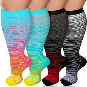 4 Pairs of Striped and Polka Dot Printed Plus Size Tight Long Socks for Men and Women, High Elasticity, Wide Calf Long Socks