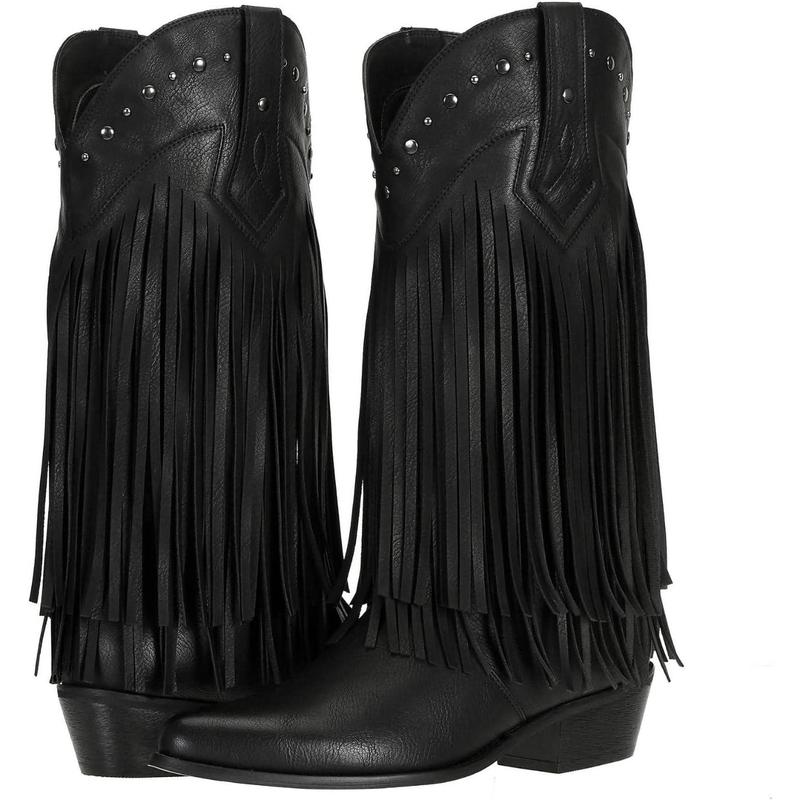 Women's Fringe Western Boots Wide Calf Riding Cowgirl Cowboy boots Black
