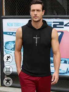 Men's Sleeveless Hooded Tank Top with Cross Print, Loose Fit Breathable Sportswear, Muscle Training Halter Vest, Plain Style