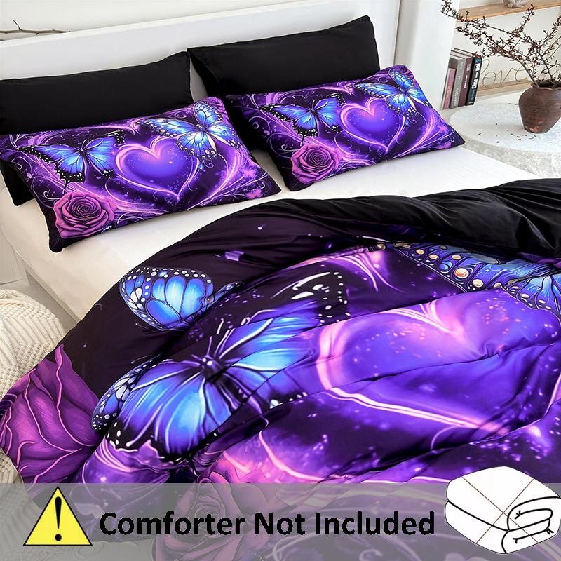Elegant 3D Butterfly & Rose Bedding Duvet cover Set - Breathable Polyester Fabric with Zipper Closure, Machine Washable, All-Season Comfort - Includes 1 Duvet Cover and 2 Pillowcases (Without Pillow Core)