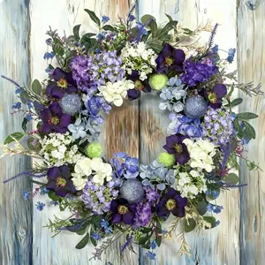 24-Inch Colorful Flower Wreath for Front Door – Hydrangeas, Lavender Wreath, Spring Summer Artificial Wild Flower Greenery Leaves for All Seasons – Farmhouse Home Wall Indoor Outdoor Window Decor