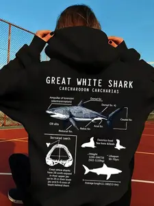 Women's Shark Print Drop Shoulder Hoodie, Fashion Casual Letter Print Drawstring Pocket Hooded Sweatshirt for Daily Holiday Outdoor Wear, Women Clothing for Fall & Winter