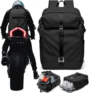 Helmet Backpack for Motorcycle Riders, Waterproof Large Capacity Backpack with Holder, Helmet Bag Storage Hiking Cycling Motorcycle Backpacks for Men Black