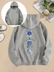 Women's Hooded Sweatshirt, Fall Winter Casual Style, Turtle Flower Shell Print, Oceanic Vintage Design, Perfect for Daily Wear & Beach Walks
