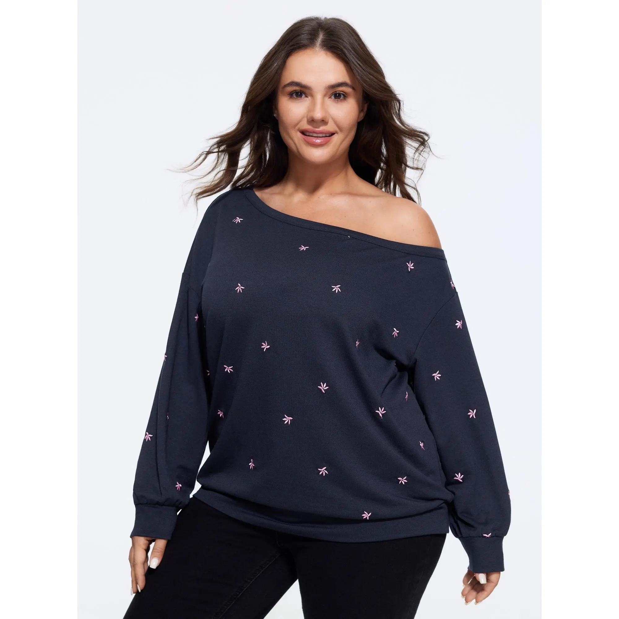 BLOOMCHIC Plus Size Floral Embroidery Off Shoulder Loose Sweatshirt[M-6X] Back To School,Spotlight Day