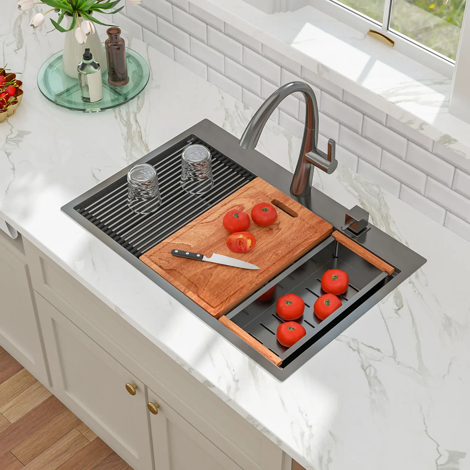 Kichae 33"x22" Gunmetal Black Drop-in Kitchen Sink 16 Guage Stainless Steel Workstation Sink with Cutting Board,Two Faucet Hole,Colander