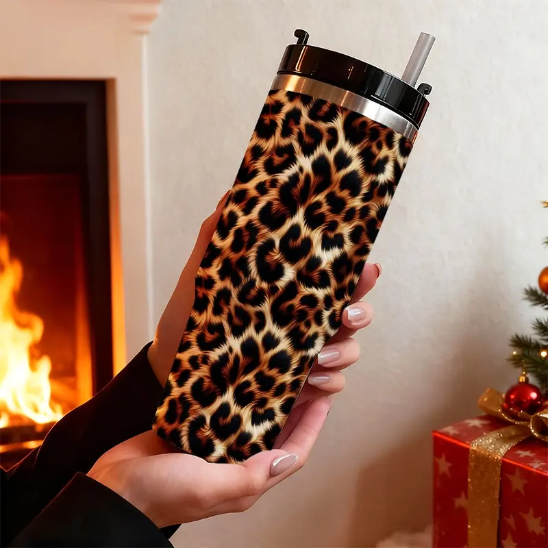 30oz Stainless Steel Handheld Tumbler Cup with Leopard Print, Dual-Use Cold Hot Straw Cup, Insulated Vacuum Tumbler, Stainless Steel Drinkware, Ideal for Sports Outdoor Office Home, Best Gift Flasks