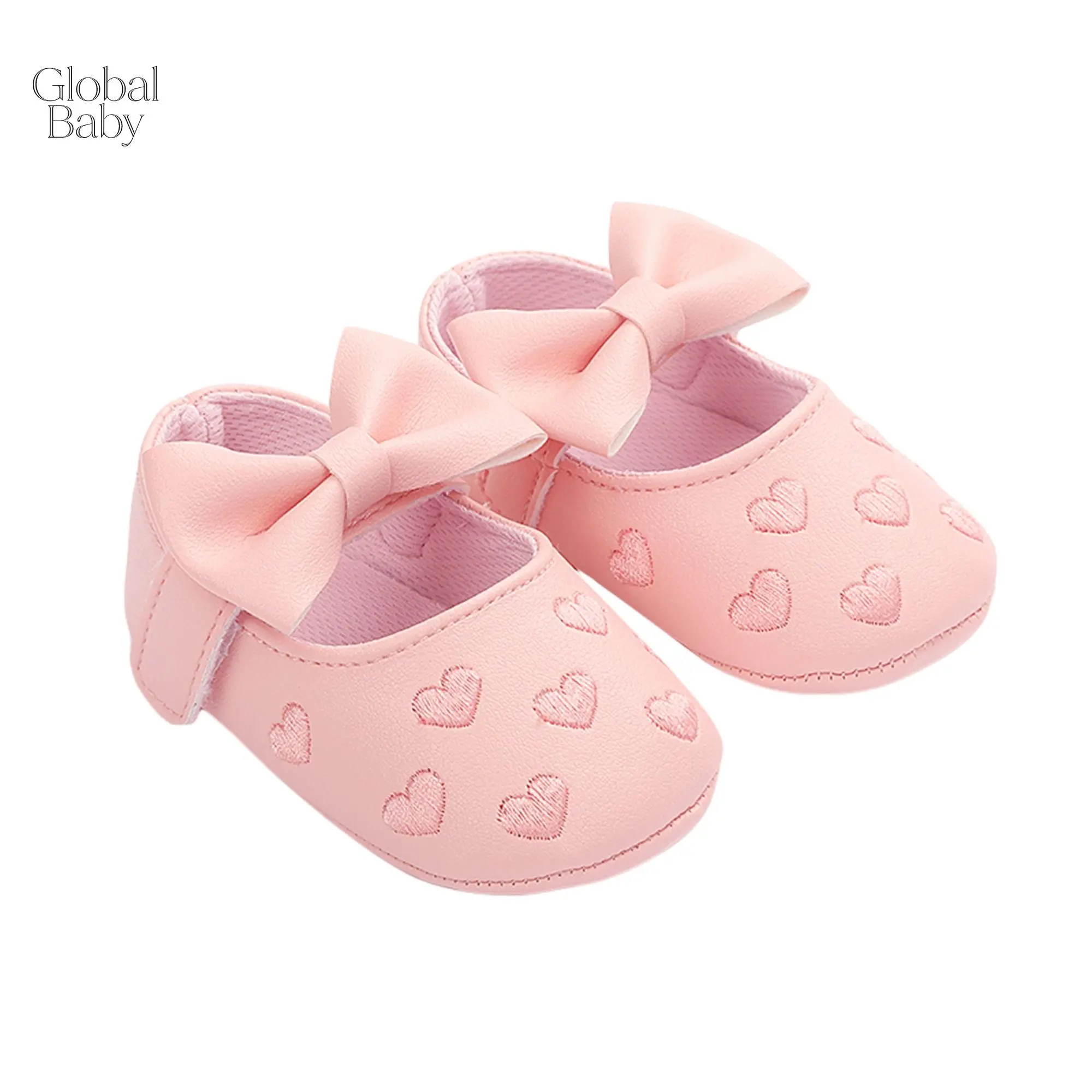 Global Baby Girls Cute  Heart Bow Decor Soft Sole PU Leather Flats Shoes First Jasmine Baby toddler girl doll shoes embroidered with colorful hearts Walkers Non-Slip Summer Princess